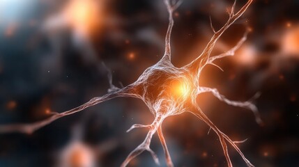 A glowing neuron is pictured with its intricate network against a dark backdrop, symbolizing the complexity of the brain and human connections in vivid detail.