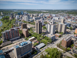 Aerial Drone View of Downtown Saskatoon City Center, Saskatchewan