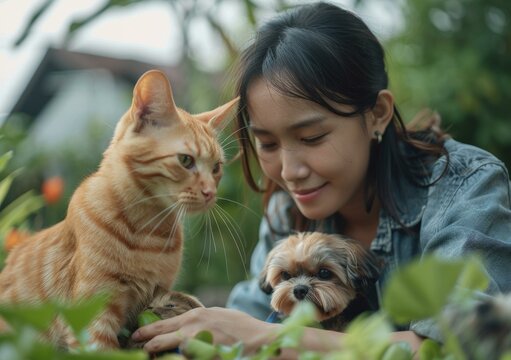 A young woman is sitting on the grass with a cat and a dog.