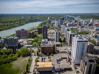 Aerial Drone View of Downtown Saskatoon City Center, Saskatchewan