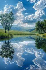 Fototapeta premium Serene Landscape Reflection of Clouds and Sky