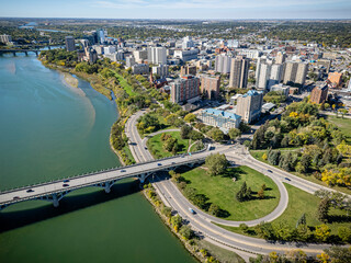 Aerial Drone View of Downtown Saskatoon City Center, Saskatchewan