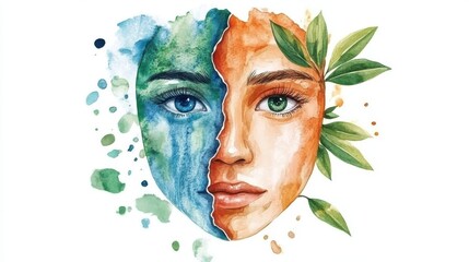 A vibrant watercolor portrait merging human features with nature's elements.