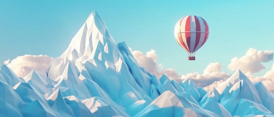 Discover the serenity of a low-poly hot air balloon floating over majestic polygonal mountains