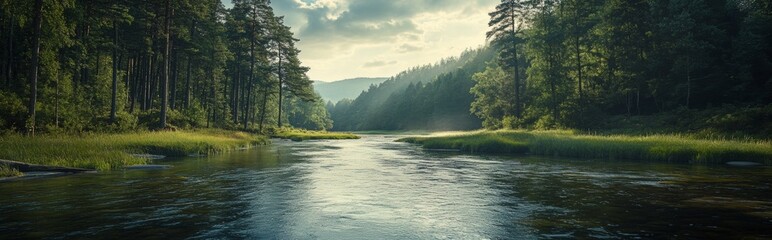 Fototapeta premium A river with a sun shining on it