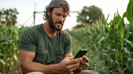 Fototapeta premium A male farmer sits among crops while attentively using a smartphone, representing digital advancements in agricultural practices and modern farming solutions in rural settings.