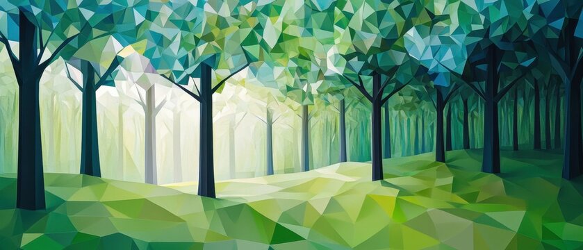 Explore the beauty of a lowpoly forest featuring geometric trees and layered terrain
