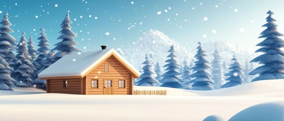 Explore the cozy lowpoly winter cabin nestled among snowy pine trees in nature's embrace