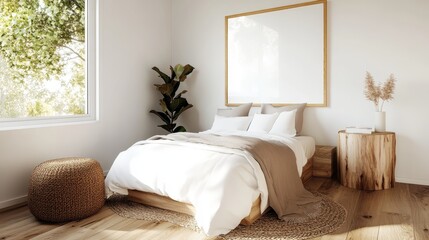 Fototapeta premium A minimalist bedroom design showcasing soft colors, a comfortable bed, and wooden elements with natural light, creating a serene and inviting home environment.