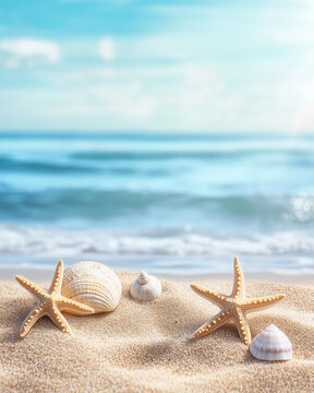 starfish and seashell on beach sand sea wave blue sunny sky tropical turquoise
