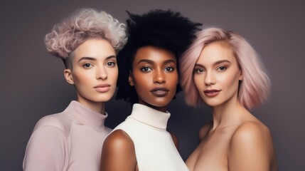 Obraz premium Three women with diverse, modern hairstyles pose with elegance and confidence, capturing individuality and style in a contemporary studio setting.