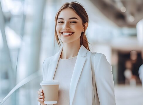 Portrait of a beautiful business woman walking with a coffee cup in her hands, wearing a white jacket and grey trousers against the background of a glass building.