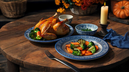 This is a rustic, inviting dining scene set on a wooden table. A roasted chicken lies on a plate, surrounded by broccoli and carrots. The other plate is filled with sautéed carrots and broccoli.