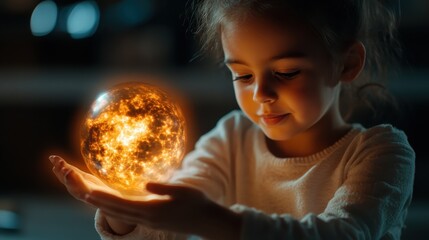 Naklejka premium A child with innocent curiosity holds an illuminating orb, casting a serene light in the darkness, representing wonder, exploration, and the joy of discovery.