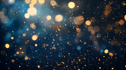 Obraz premium Festive magic gold flying glitter on a dark blue background, with sparkles and New Year's bokeh -