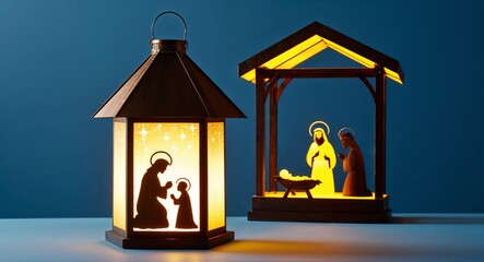 Glowing nativity lantern with holy family scene on plain blue background © Arceli