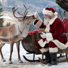 Santa Claus playing with a reindeer in his sleigh