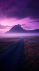 Icelandic road, dark mountains in the distance, purple sky at dusk, beautiful scenery