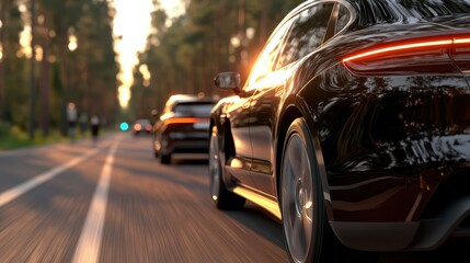 Naklejka premium Luxury cars drive through a sunlit forest, with light glinting off their polished surfaces, representing speed, elegance, and the thrill of driving.