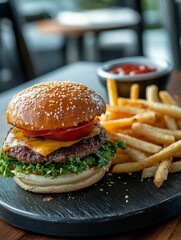 Delicious Burger with Fries and Extra Sauce