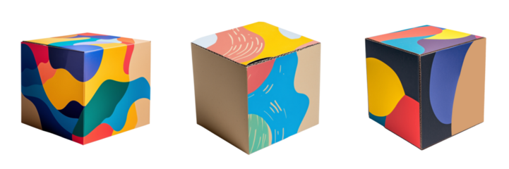 Colorful geometric cardboard box design on a transparent background
