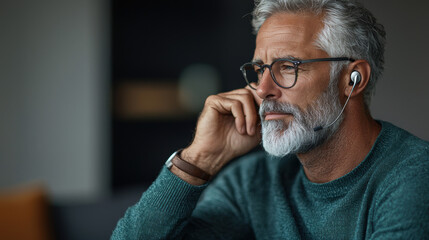 A contemplative older man with glasses and earbuds gazes thoughtfully, showcasing a modern and stylish approach to listening.