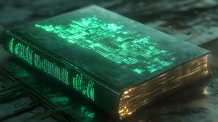 Glowing green book with digital binary code, representing technology and futuristic learning -