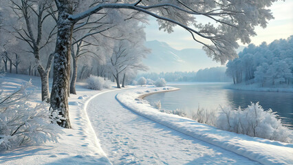 a snowy path next to a pond, trees in lush snow, the grandeur of winter nature,