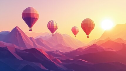 Fototapeta premium Experience the serenity of a low-poly mountain landscape at sunrise with hot air balloons