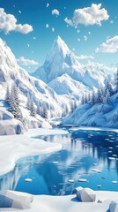 Discover the beauty of a lowpoly snowy landscape featuring an icy lake and majestic mountains