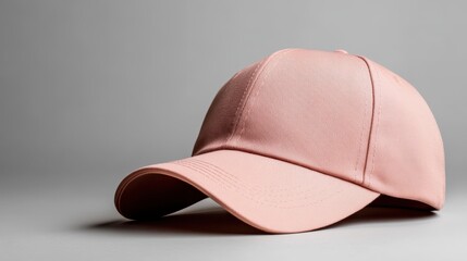 A minimalistic and soft pink baseball cap placed against a neutral gray background, exuding a sense of simplicity, casual style, and timeless fashion.