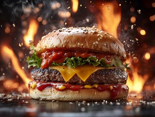 Juicy Burger with Flames and Condiments