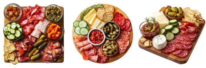 Gourmet charcuterie board with assorted meats and cheeses on a transparent background
