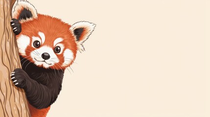 A playful red panda peeks from behind a tree