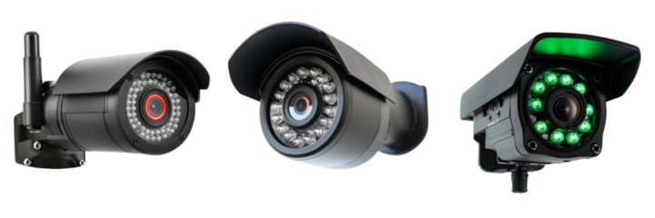 Modern security camera with infrared night vision on a transparent background
