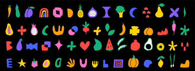 Shape food geometric organic forms. Pattern abstract design, fruit circle, square minimal decorative elements. Nature art Matisse style. Cute doodle background. Vector modern flat, art garish graphic