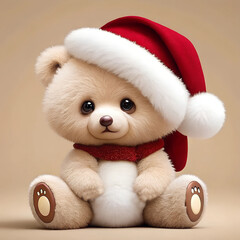 Christmas holiday template with 3D festive winter toy on beige background. Collection of decorations in single design style of red, white and beige colors.