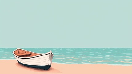 Naklejka premium A serene beach scene featuring a white boat resting on golden sand