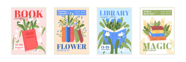 Book stack poster. Literature reading festival. Bookstore event invitation. Textbooks with flowers. Library art. School education. Bookshop market flyer design. Vector library garish brochures set