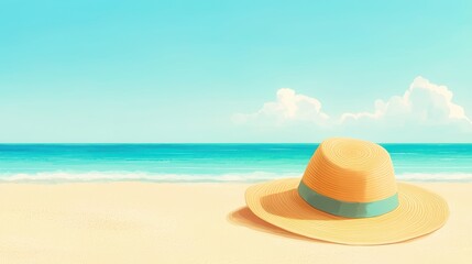 A vibrant beach scene featuring a straw hat resting on sandy shore with a calm ocean