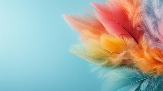 A collection of vibrant multicolored feathers against a soft blue background, symbolizing diversity and delicacy in nature, showcasing artfulness and balance.