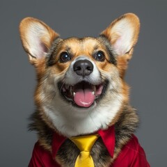 A happy corgi wearing a red shirt and yellow tie