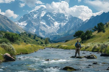 Fototapeta premium Man fly fishing in a river with a snow capped mountain in the distance