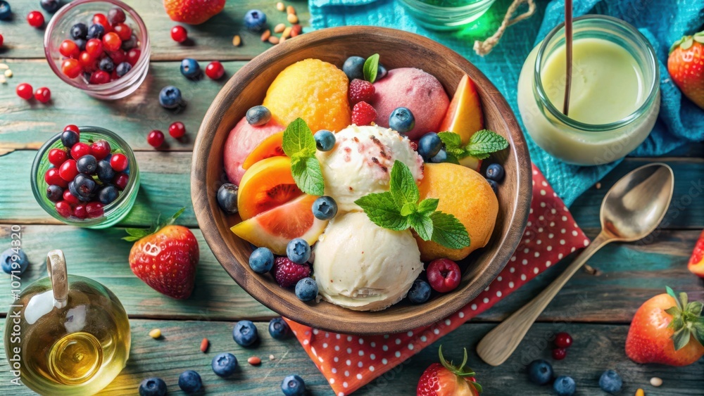 Aufkleber bowl of fruit and ice cream with fresh mint and berries on a rustic table