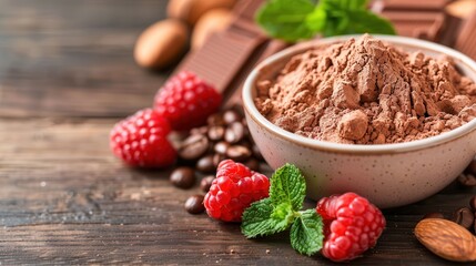 Vegan nut powder. A bowl of cocoa powder surrounded by raspberries, chocolate chunks, coffee beans, and almonds on a wooden surface.