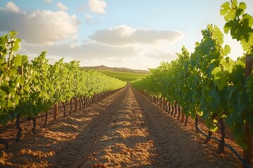 Naklejka premium A serene vineyard landscape with rows of grapevines under a bright sky.