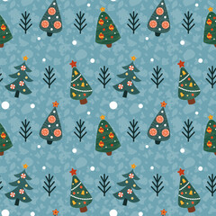 Christmas pattern. Tree cute ornament. Drawing winter Christmas. Doodle element of Christmas. New years texture of fir and pine forest. Decor textile, wrapping paper, wallpaper. Vector tidy design