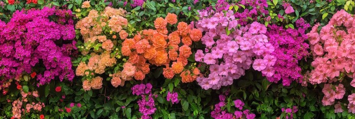 A vibrant wall of pink, orange, and light pink flowers blooms in a lush garden.