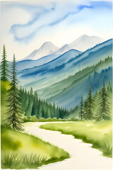 Fototapeta premium watercolor painting background landscape with forest and mountains