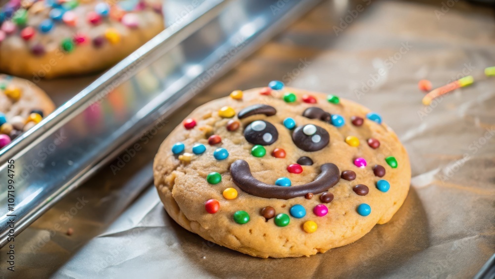 Poster a smiling cookie decorated with colorful candy sprinkles and chocolate features a happy face on a ba